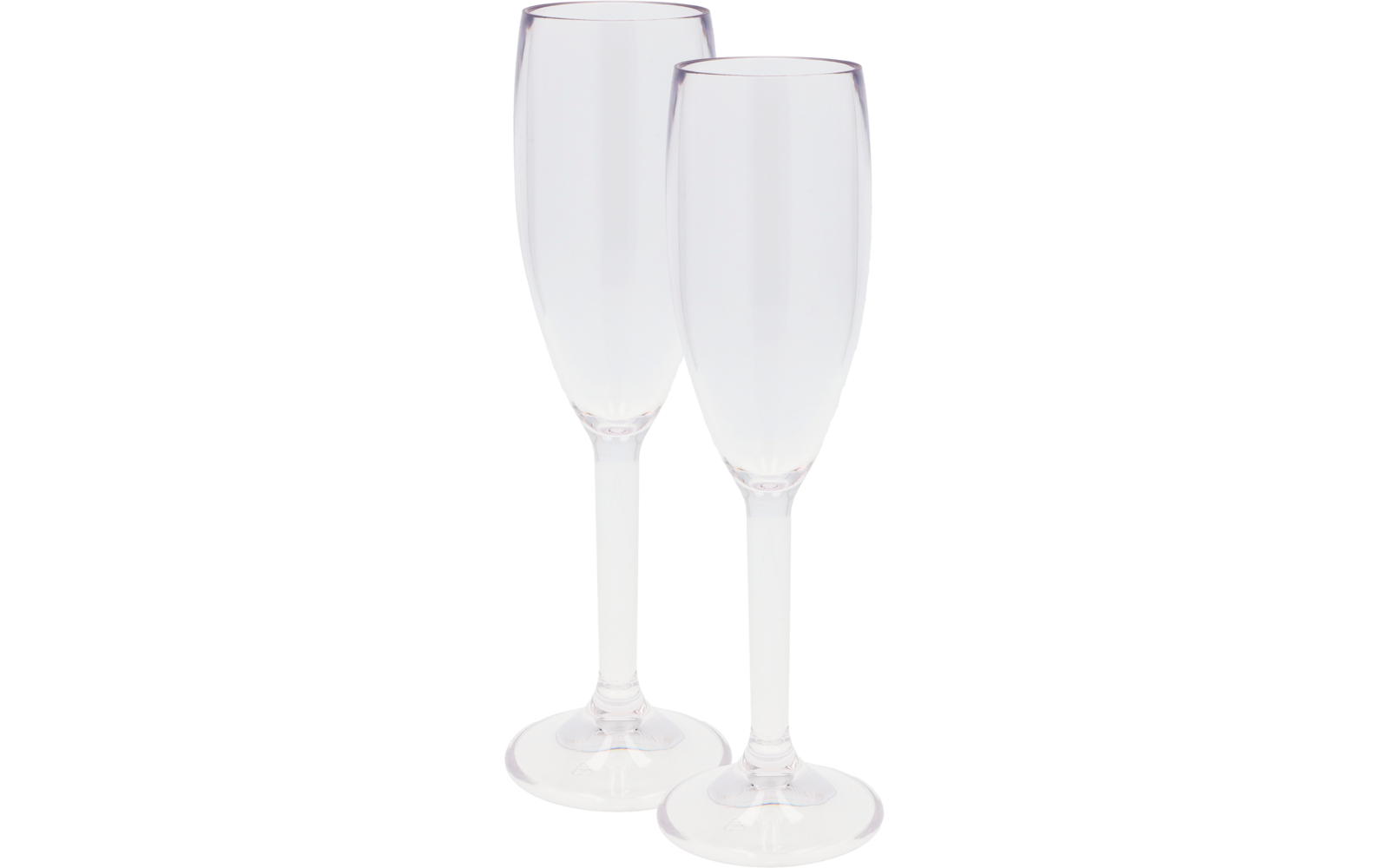 Twee lege champagneglazen naast elkaar op een witte achtergrond