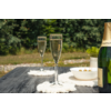Deux flûtes de champagne avec liquide pétillant sur une table en bois, une bouteille de champagne à droite, un bol d'olives avec des cure-dents, un petit pot de plante et des sous-verres blancs ; arrière-plan de jardin flou