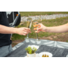 Deux mains trinquant avec des flûtes remplies au-dessus d'une table extérieure ; sur la table un petit pot de plante et une assiette d'olives vertes ; en arrière-plan pelouse, gravier et une caravane