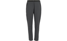 Pantalon gris foncé, vue de face, deux poches zippées aux hanches, petite poche à rabat sur l'extérieur de la cuisse, coutures visibles aux genoux, jambes fuselées