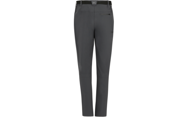 Vorderansicht einer dunkelgrauen, gerade geschnittenen Hose mit Gürtelschlaufen, schwarzem Gürtel mit rechteckiger Schnalle und Reißverschlusstasche an der rechten Oberschenkelseite