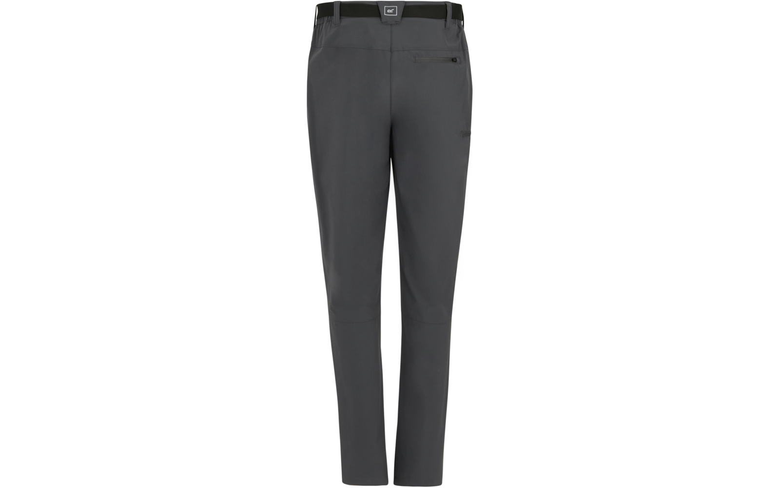 Vorderansicht einer dunkelgrauen, gerade geschnittenen Hose mit Gürtelschlaufen, schwarzem Gürtel mit rechteckiger Schnalle und Reißverschlusstasche an der rechten Oberschenkelseite