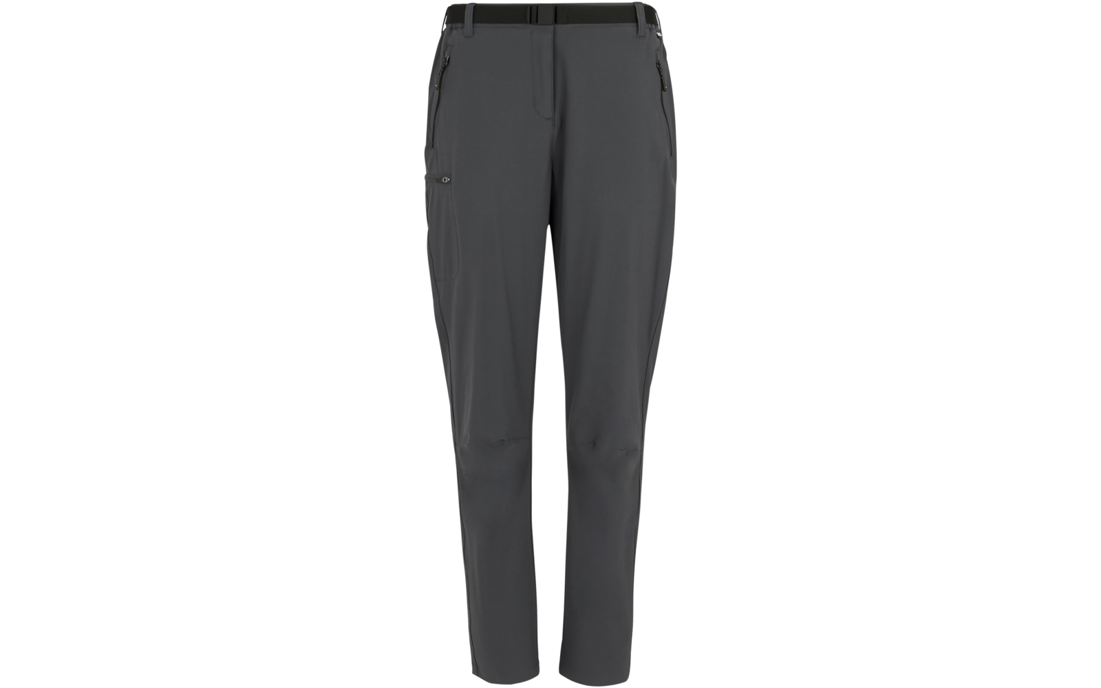 Dunkelgraue Hose, Vorderansicht, zwei Reißverschlusstaschen an den Hüften, kleine Klappentasche an der Oberschenkelaußenseite, sichtbare Nähte an den Knien, zulaufende Hosenbeine
