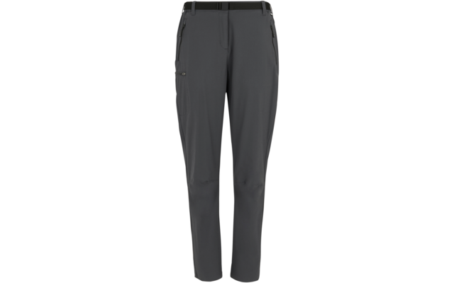 Dunkelgraue Hose, Vorderansicht, zwei Reißverschlusstaschen an den Hüften, kleine Klappentasche an der Oberschenkelaußenseite, sichtbare Nähte an den Knien, zulaufende Hosenbeine