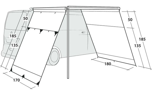 Arrière d'une camionnette avec deux bâches latérales inclinées, un poteau vertical central et indications de mesures 50, 185, 135, 170 et 180