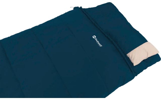 Blauwe slaapzak met een beige-rood kussen