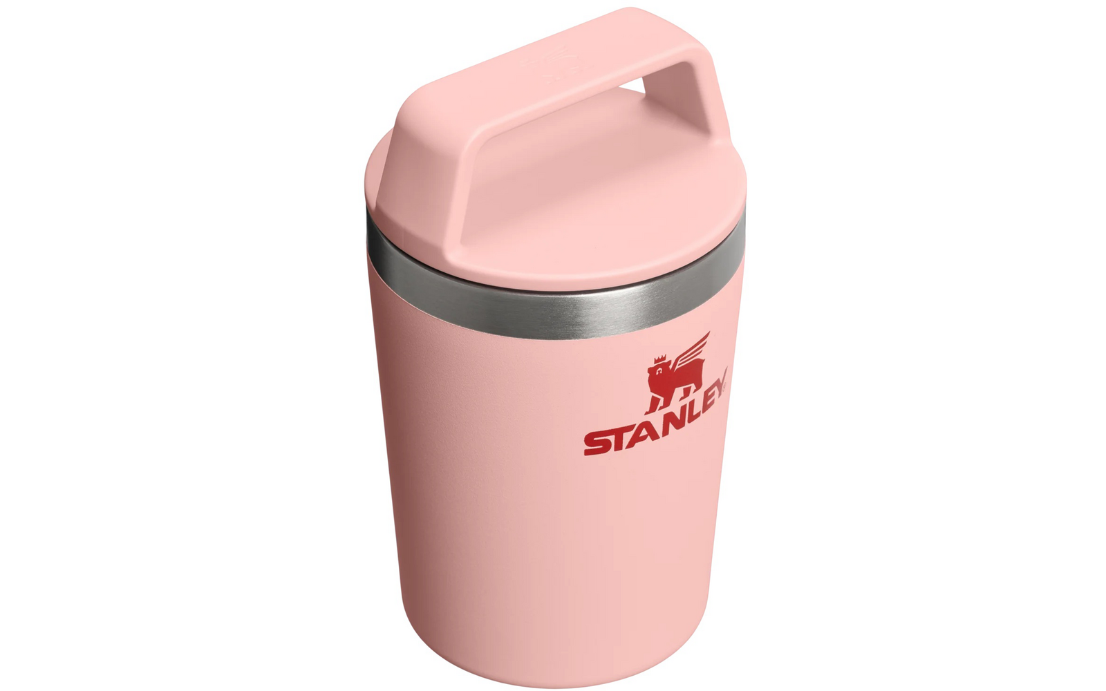 Rosafarbener Becher mit integriertem Tragegriff oben, silbernem Ring und rotem STANLEY-Logo
