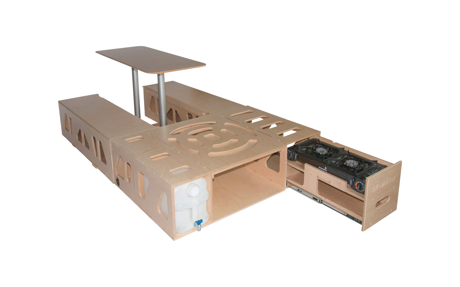 Open metal case with pulled-out drive and raised lid