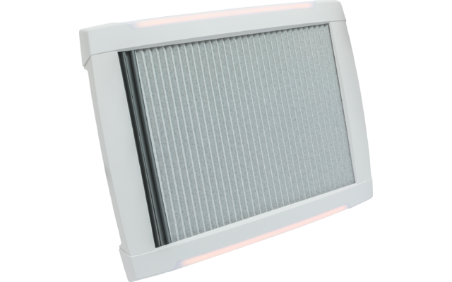 Ein grauer rechteckiger Luftfilter mit weißem Rahmen