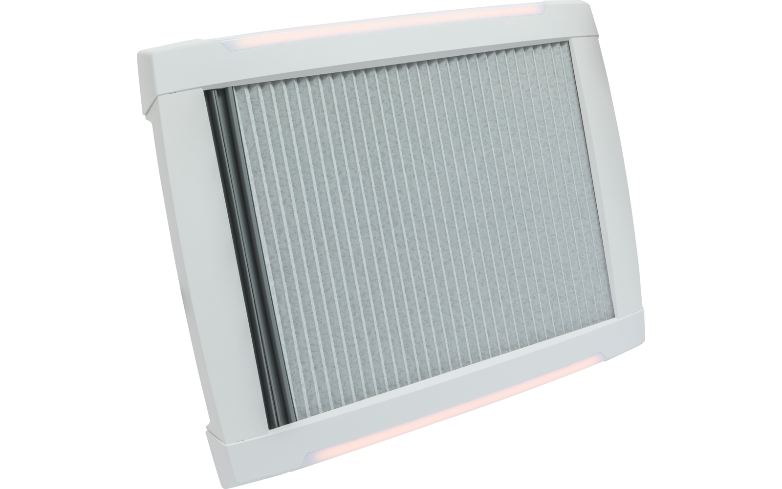 Ein grauer rechteckiger Luftfilter mit weißem Rahmen