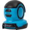 Blauw compact apparaat met rond luidsprekerrooster, twee zwarte knoppen en een zwarte voet met 'Berger'-opschrift