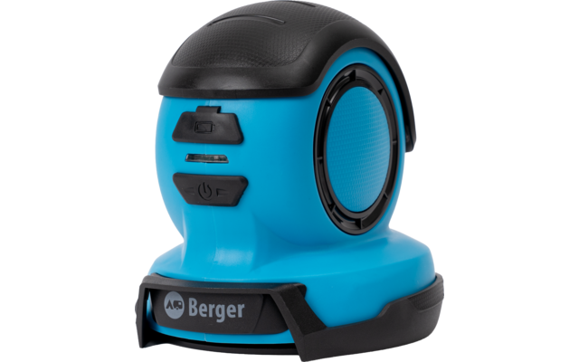 Blauw compact apparaat met rond luidsprekerrooster, twee zwarte knoppen en een zwarte voet met 'Berger'-opschrift