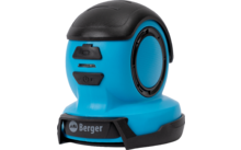 Blue compact device with round speaker grille, two black buttons and a black base with 'Berger' lettering