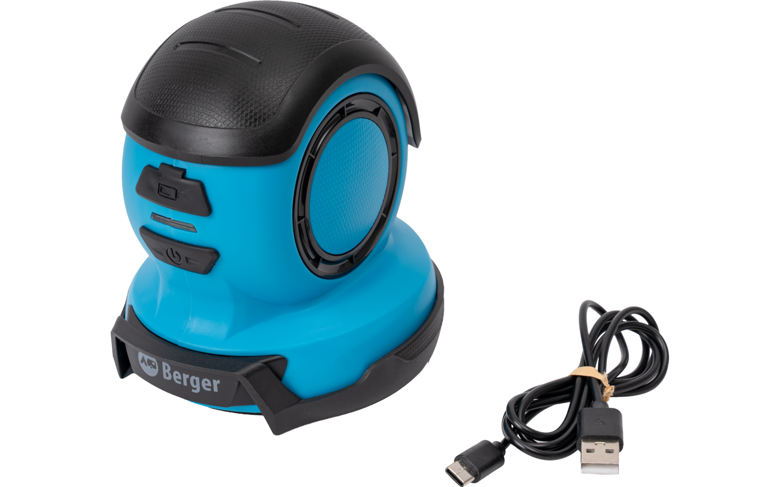 Klein blauw-zwart apparaat met ronde grille aan de zijkant, drie knoppen aan de voorkant, zwart gestructureerd bovenkant en zwarte voet met zichtbare Berger-opdruk; daarnaast een opgerolde zwarte USB-kabel