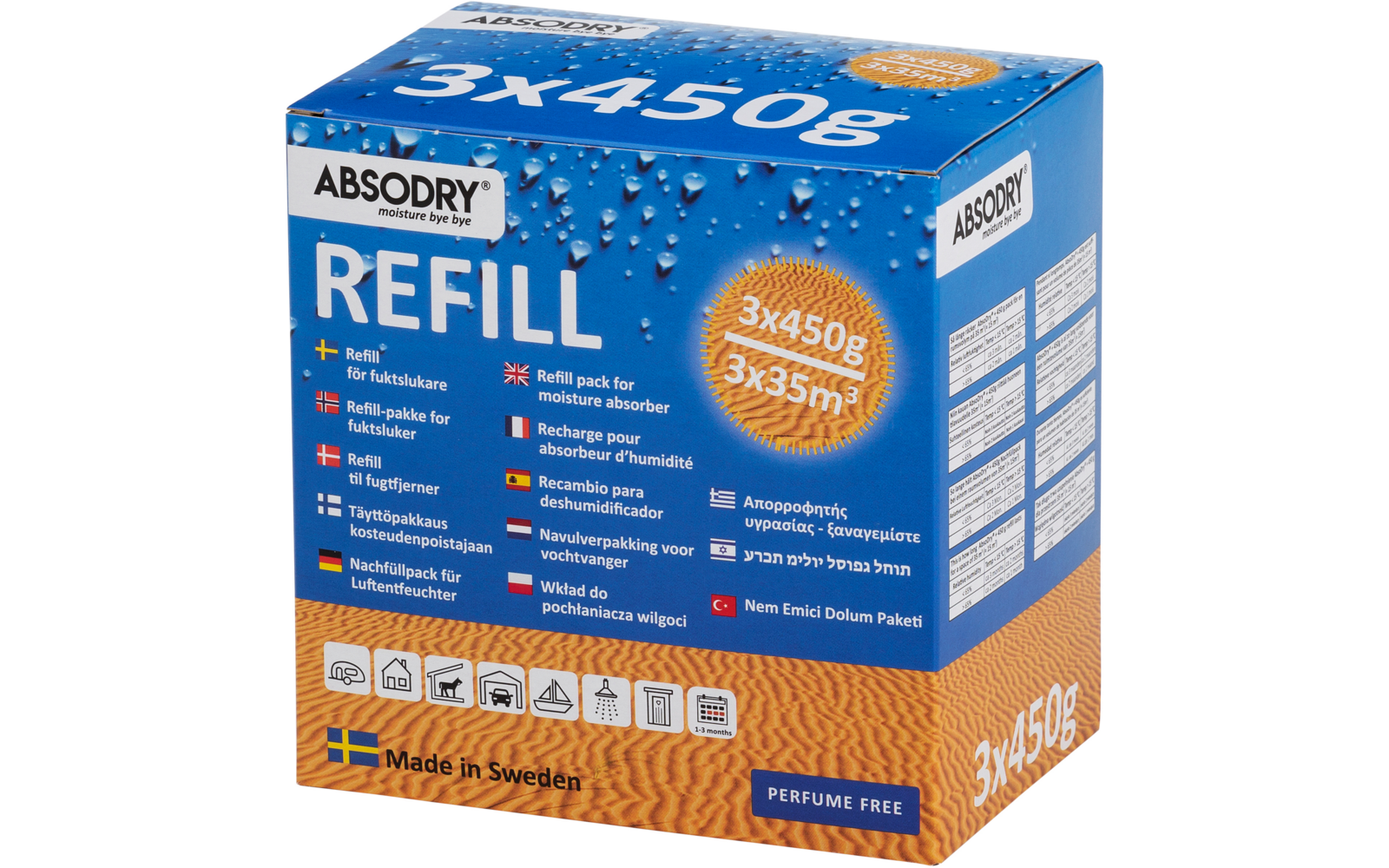 Blaues und orangefarbenes Verpackungsbox mit der Aufschrift 'REFILL' und Produktinformationen