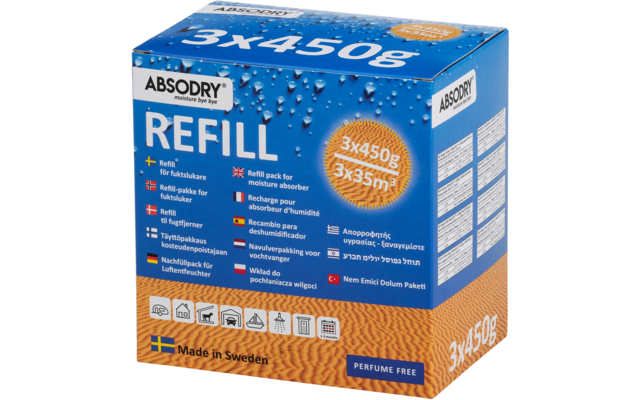Blaues und orangefarbenes Verpackungsbox mit der Aufschrift 'REFILL' und Produktinformationen