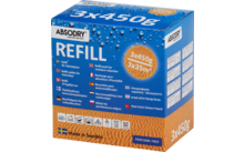 Boîte d'emballage bleue et orange avec le texte 'REFILL' et des informations sur le produit