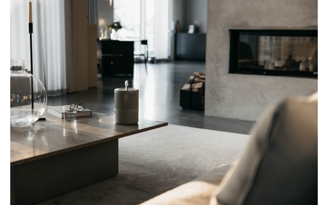 Moderner Wohnzimmerbereich mit Sofa, Kamin und Couchtisch