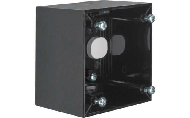 Schwarze rechteckige Elektroinstallationsdose mit offener Vorderseite und vier Schrauben