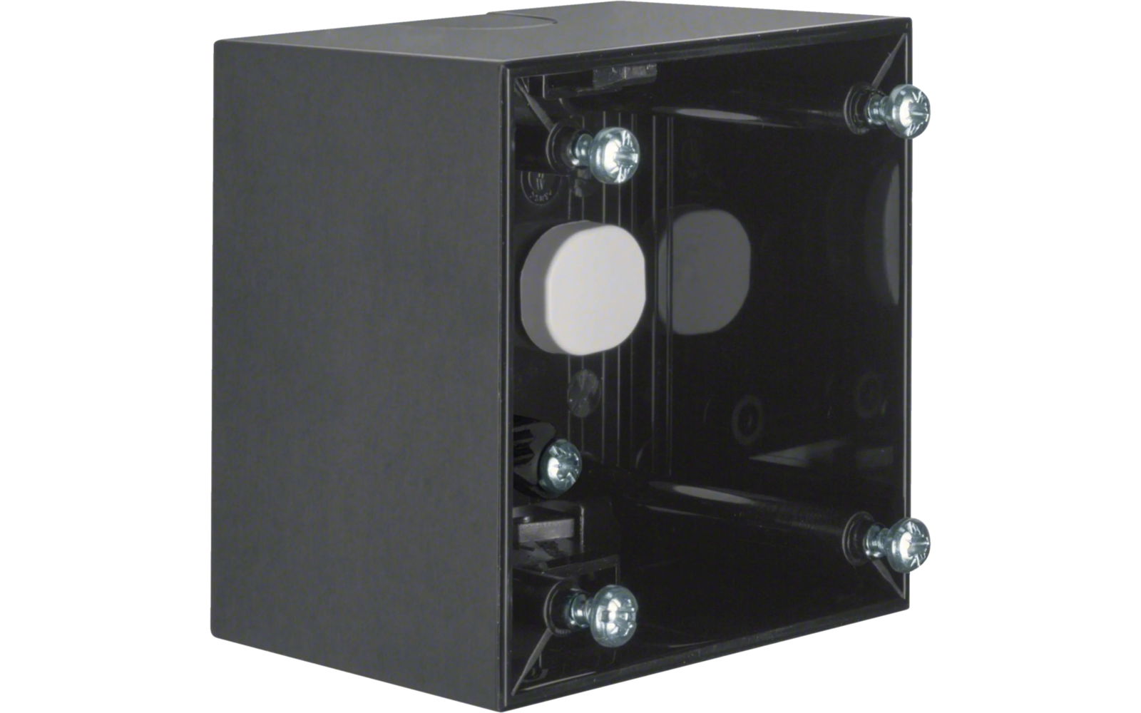 Schwarze rechteckige Elektroinstallationsdose mit offener Vorderseite und vier Schrauben