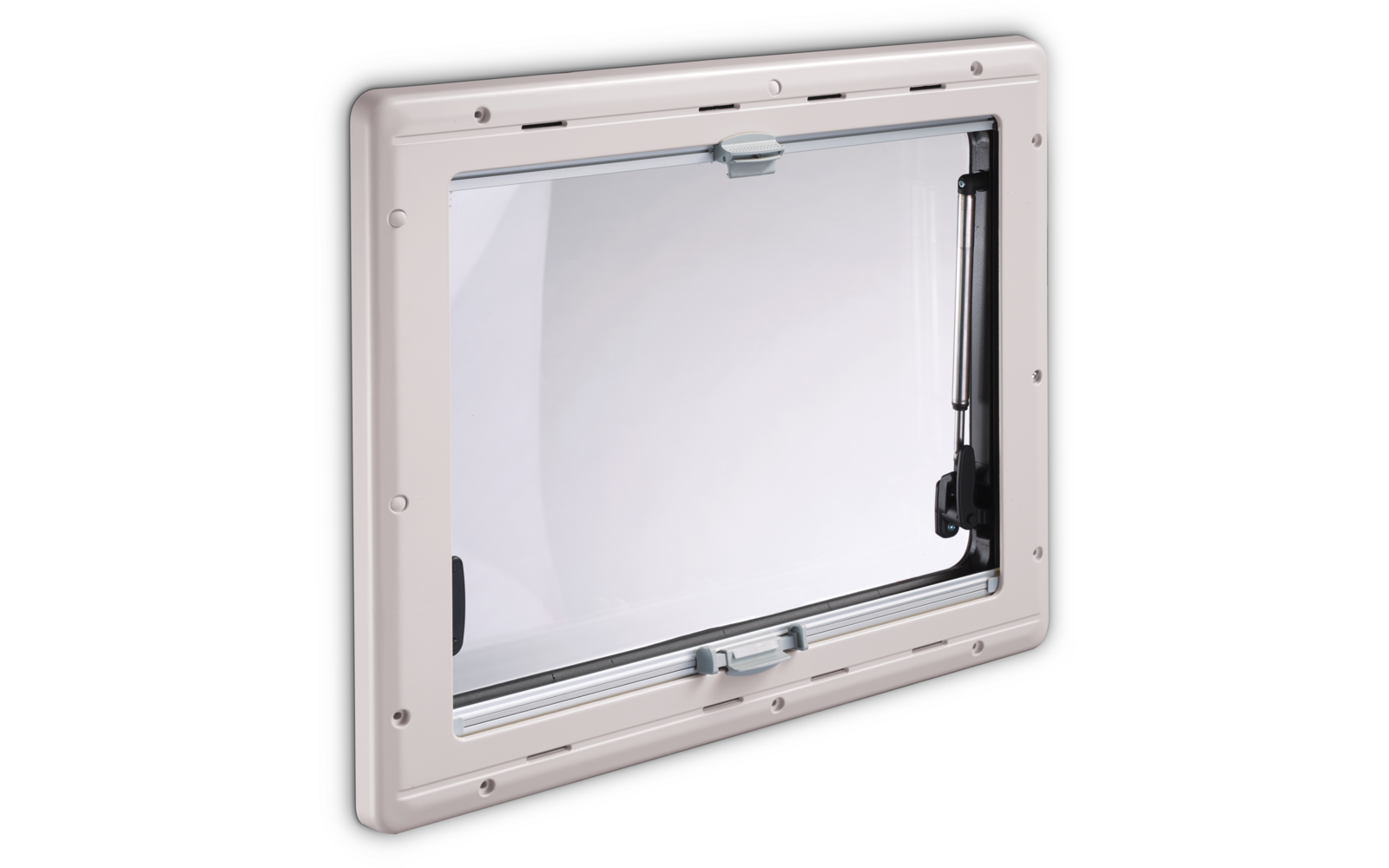 Rechteckiger weißer Kunststoffrahmen mit transparentem Paneel, zwei Verschlüssen oben und unten, Scharnierarm rechts und sichtbaren Schrauben am Rahmen