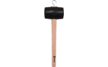Rubber mallet with light wooden handle, black double-faced rubber head, and metal hanging loop at the top of the handle