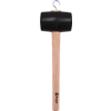 Rubber mallet with light wooden handle, black double-faced rubber head, and metal hanging loop at the top of the handle