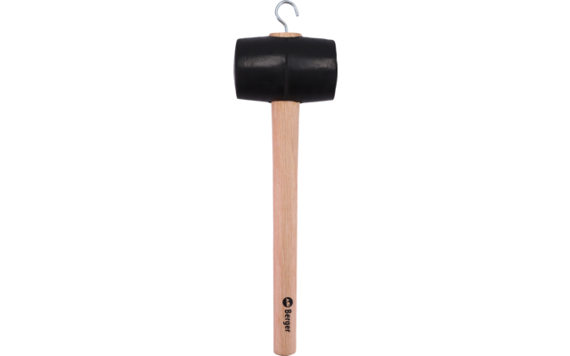 Rubber mallet with light wooden handle, black double-faced rubber head, and metal hanging loop at the top of the handle