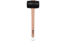 Black rubber mallet with double-sided head, light wooden handle and metal hook at the handle end