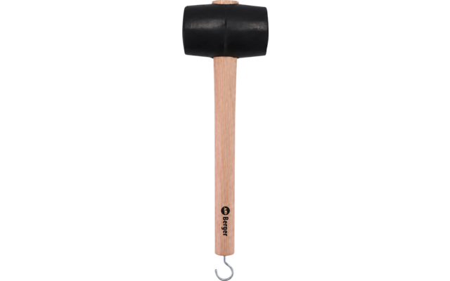 Black rubber mallet with double-sided head, light wooden handle and metal hook at the handle end