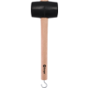 Black rubber mallet with double-sided head, light wooden handle and metal hook at the handle end