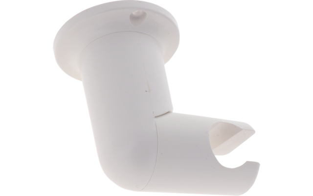 Supporto in plastica bianca con piastra di montaggio circolare, braccio cilindrico inclinato e rientranza a forma di U