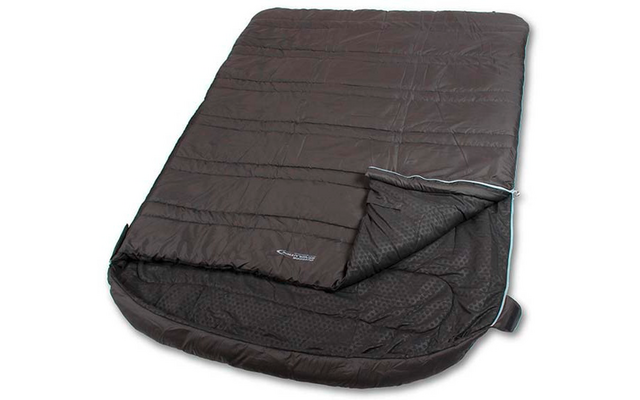 dunkelgrauer-brauner rechteckiger Schlafsack, teilweise geöffnet, Innenfutter sichtbar, Reißverschluss an einer Seite
