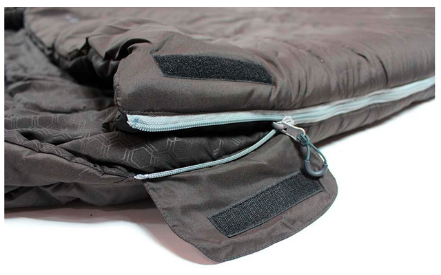 Nahaufnahme eines dunklen Schlafsacks mit teilweise offenem hellen Reißverschluss und Klettverschlüssen auf weißem Hintergrund