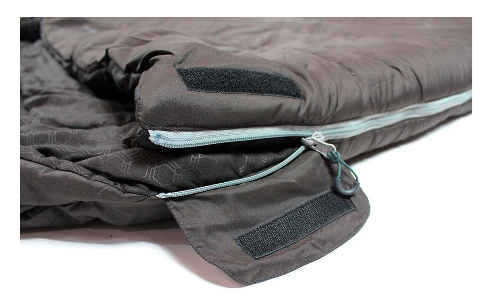 Nahaufnahme eines dunklen Schlafsacks mit teilweise offenem hellen Reißverschluss und Klettverschlüssen auf weißem Hintergrund