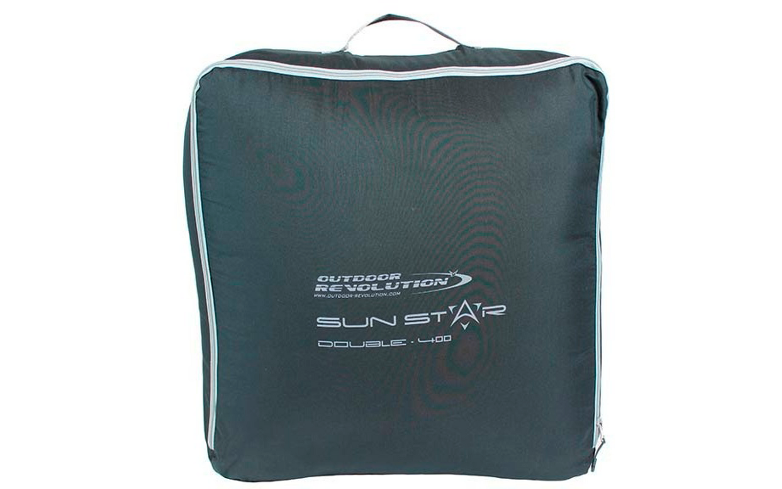 Quadratische schwarze Tasche mit Tragegriff, weißer Einfassung, Reißverschluss rechts und aufgedrucktem Schriftzug OUTDOOR REVOLUTION SUN STAR DOUBLE 400