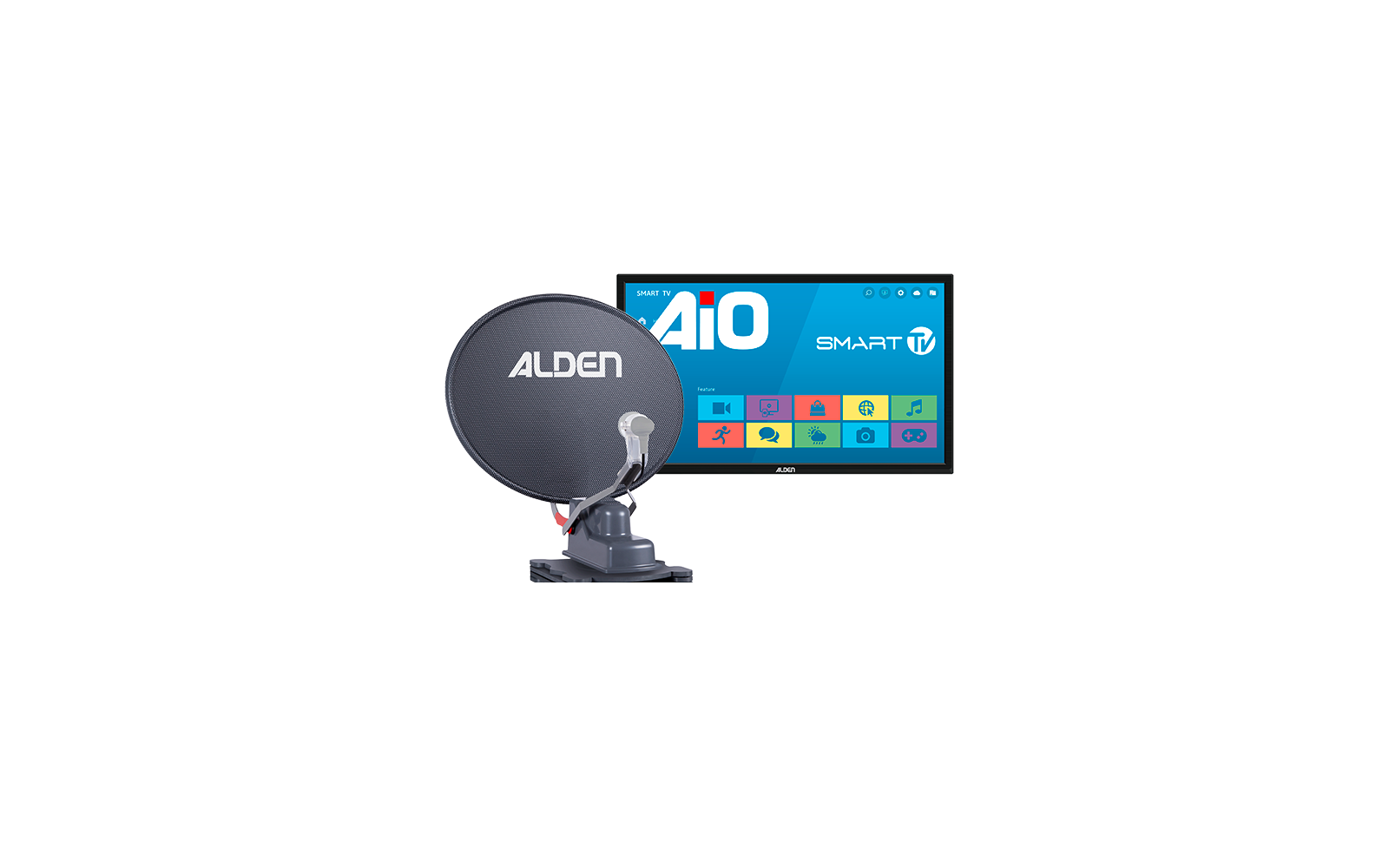 Graue Satellitenschüssel mit ALDEN-Logo auf einer Halterung, davor ein Flachbildfernseher mit blauem Smart-TV-Startbildschirm und der Beschriftung AiO Smart TV