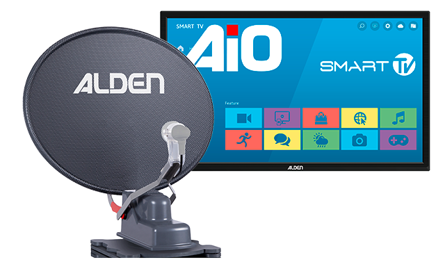 Graue Satellitenschüssel mit ALDEN-Logo auf einer Halterung, davor ein Flachbildfernseher mit blauem Smart-TV-Startbildschirm und der Beschriftung AiO Smart TV