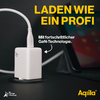 Weißes Ladegerät mit Kabel vor gelbem Hintergrund, Text 'Laden wie ein Profi' und 'Mit fortschrittlicher GaN-Technologie'