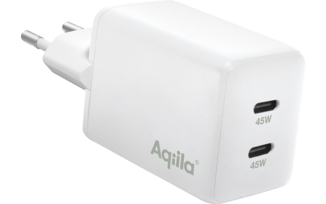 Weißes USB-Ladegerät mit zwei USB-C Anschlüssen und EU-Stecker
