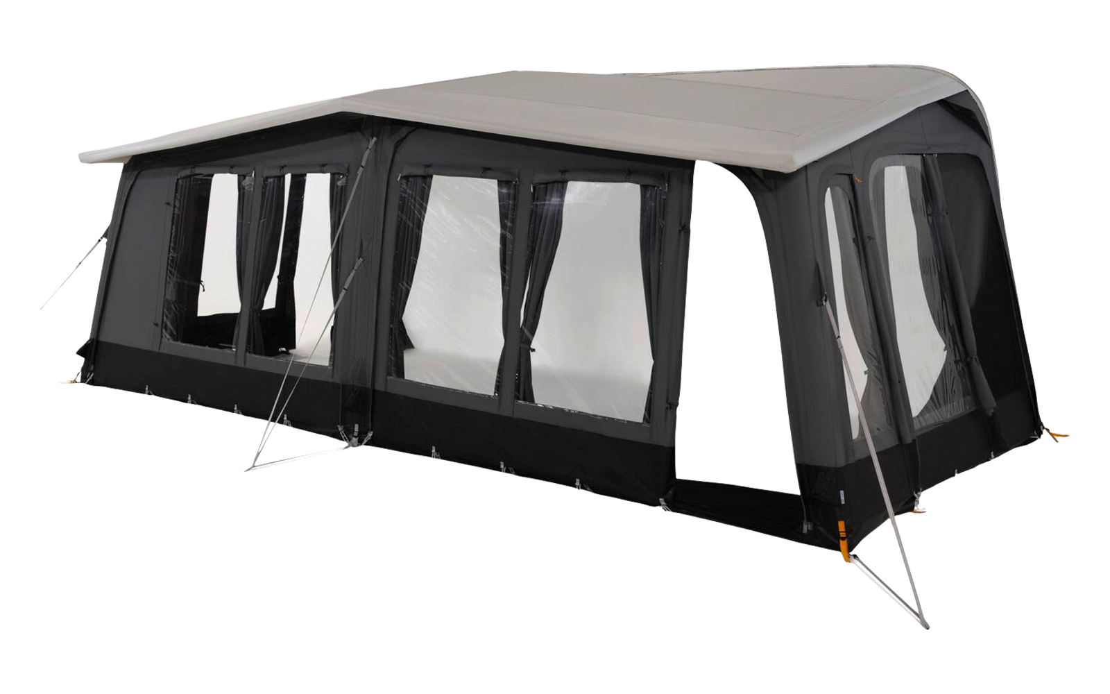 Dunkles, langes Campingvorzelt mit hellgrauem Dach, vier großen transparenten Fenstern, Abspannleinen und Eingang rechts, auf weißem Hintergrund