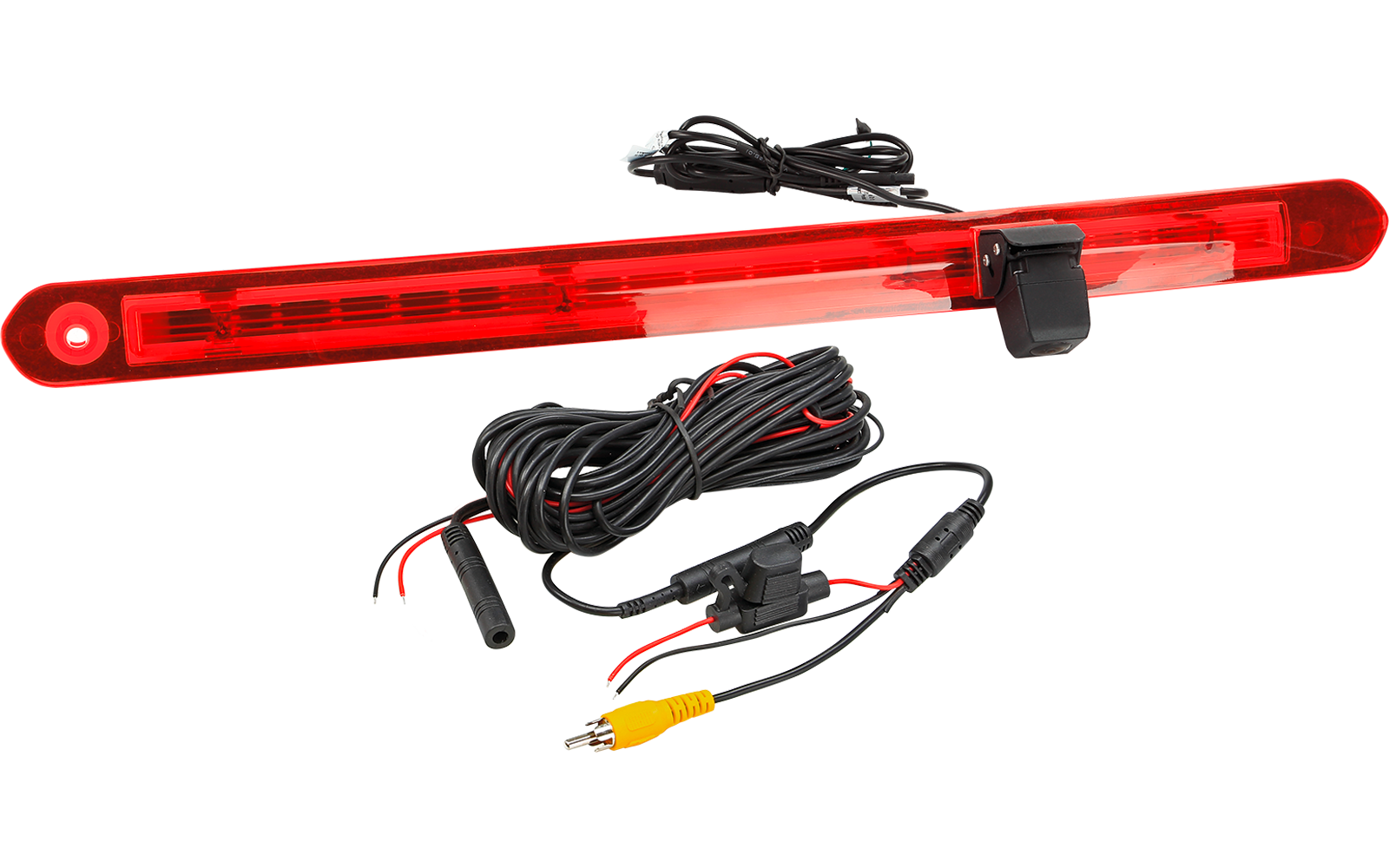 Langer roter Kunststoffstreifen mit eingebauten LEDs, daneben aufgerollte schwarze Kabel mit Steckern und Krokodilklemmen