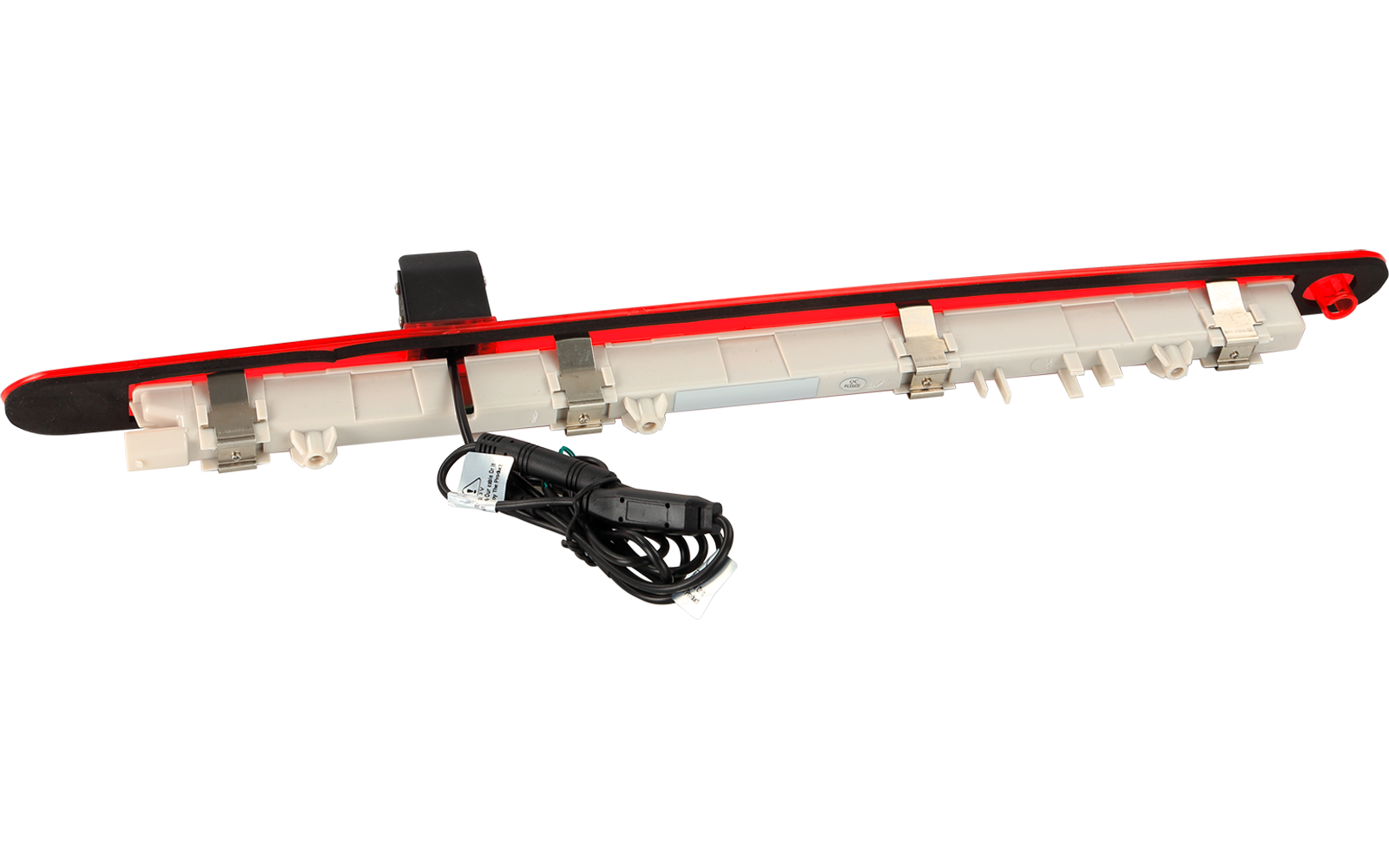 Roter langer Leuchtstreifen auf weißer Kunststoffhalterung mit schwarzem Kabel und Stecker