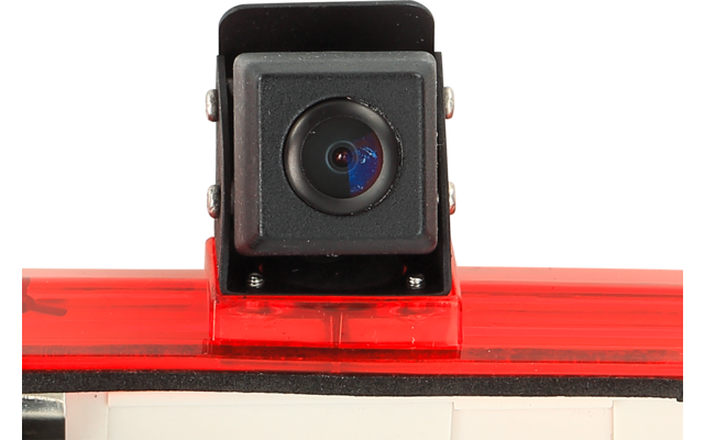 Kleine quadratische schwarze Kamera mit runder Linse, montiert auf rotem transparentem Kunststoffträger