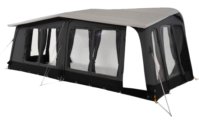 Dunkles, langes Campingvorzelt mit hellgrauem Dach, vier großen transparenten Fenstern, Abspannleinen und Eingang rechts, auf weißem Hintergrund