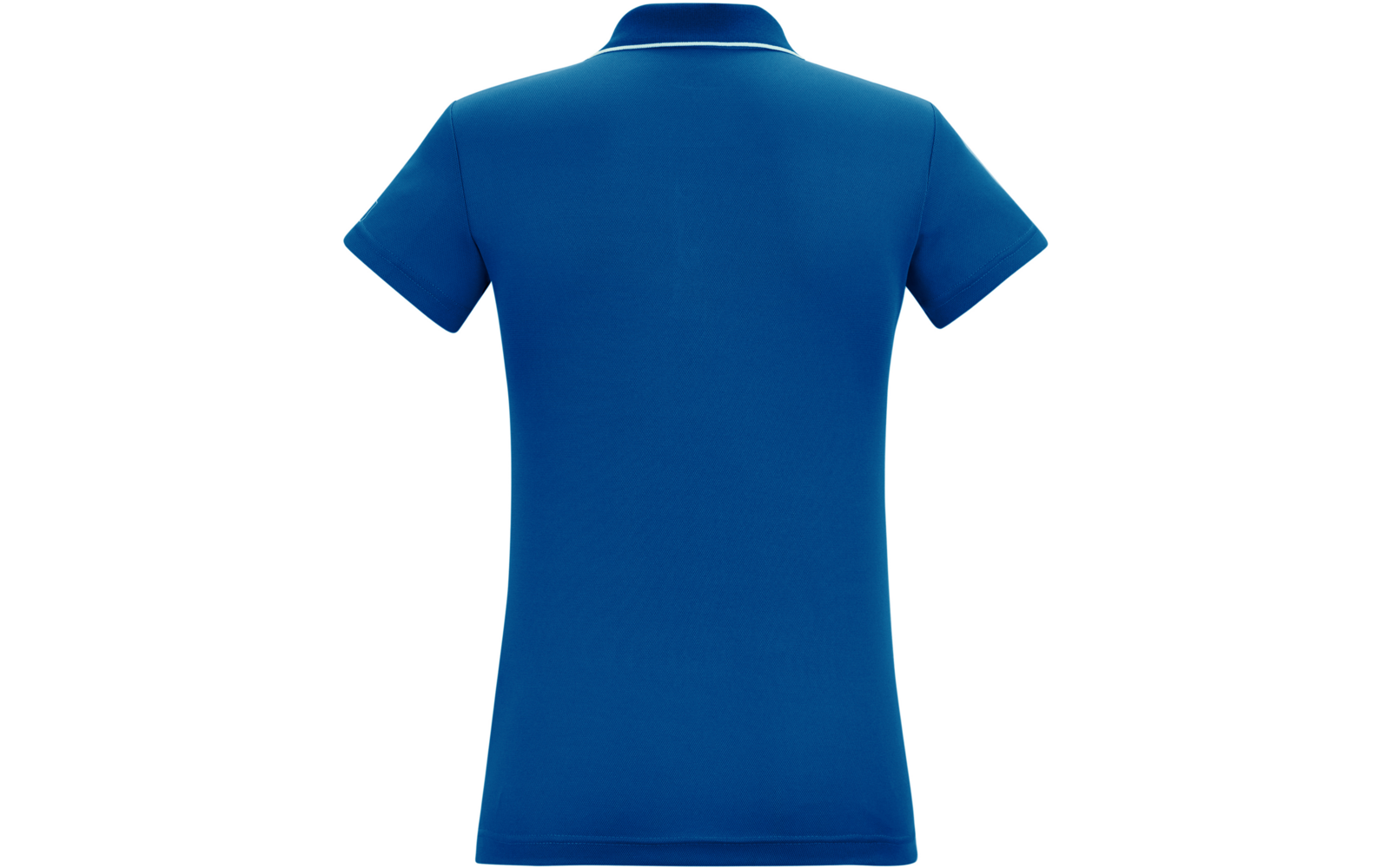 Rückansicht eines blauen Poloshirts mit kurzen Ärmeln auf weißem Hintergrund