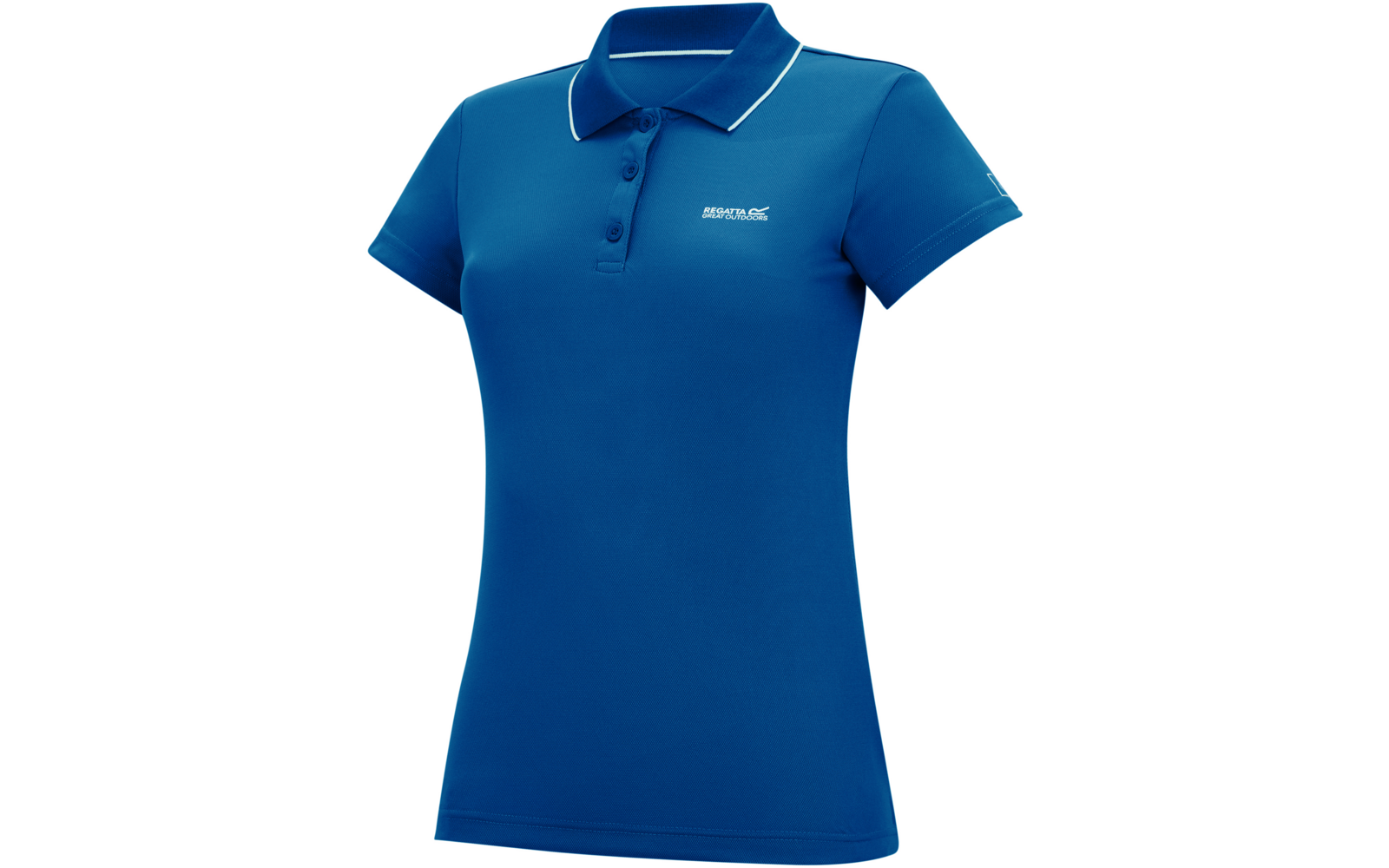 Tailliertes blaues Poloshirt mit kurzen Ärmeln, drei Knöpfen, weißer Paspel am Kragen und am Ärmelabschluss, kleines weißes Logo auf der Brust