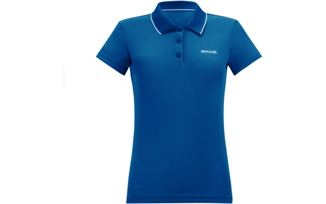 Blaues Damen-Poloshirt mit kurzen Ärmeln, drei Knöpfen, weißer Kanten am Kragen und kleinem weißen Logo links auf der Brust