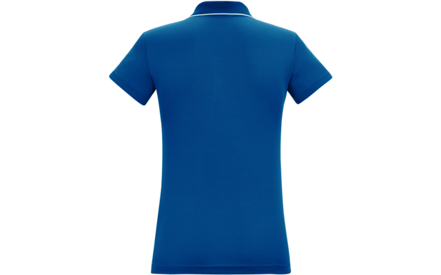 Rückansicht eines blauen Poloshirts mit kurzen Ärmeln auf weißem Hintergrund