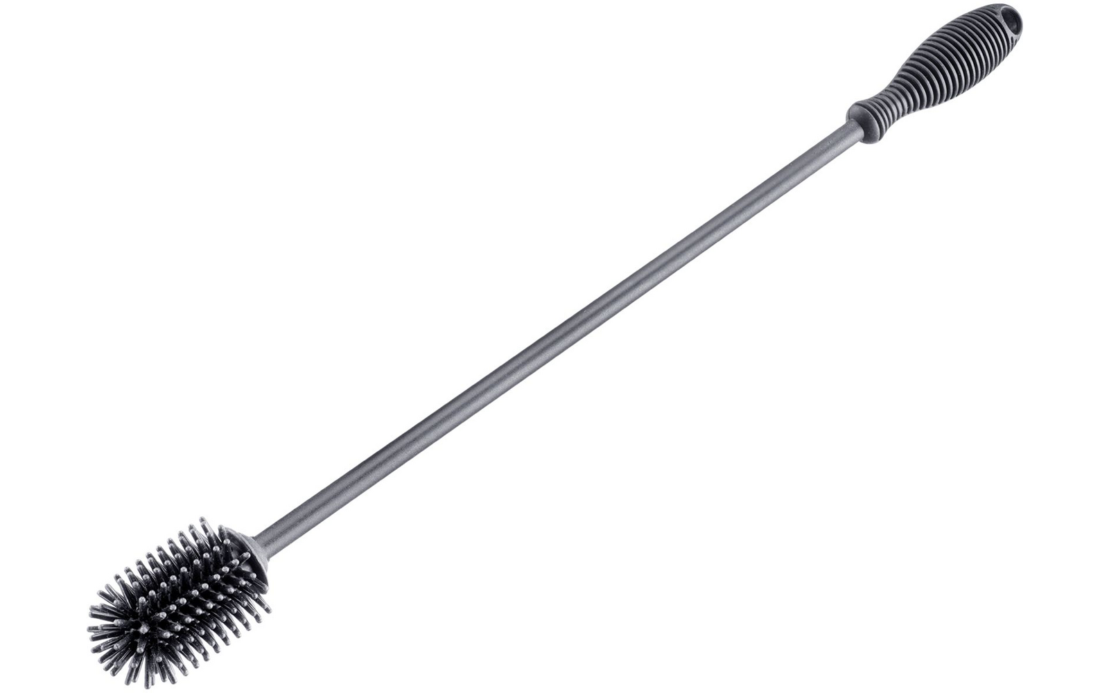 Vástago metálico largo y delgado con mango de plástico acanalado y cabezal de cepillo redondo con cerdas densas sobre fondo blanco